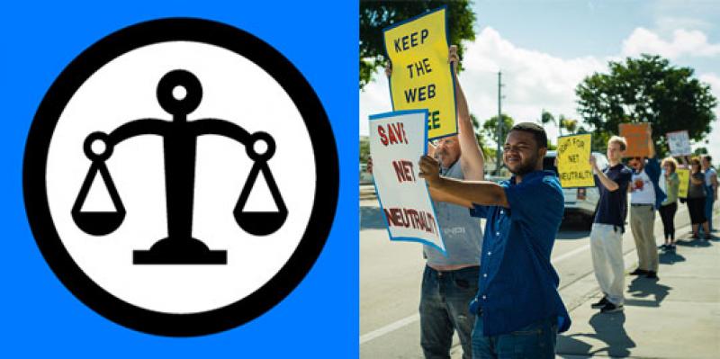 icon of legal scales, a crowd holding signs for net neutrality