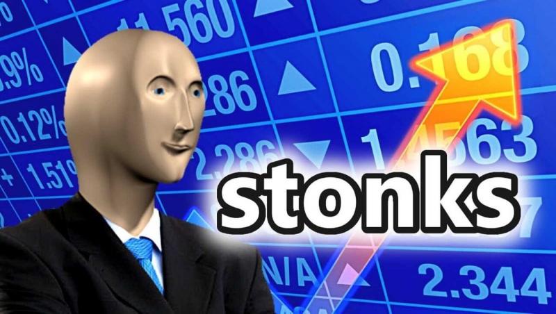 meme of 3D guy in suit in front of stock price numbers and an up arrow that says "stonks"